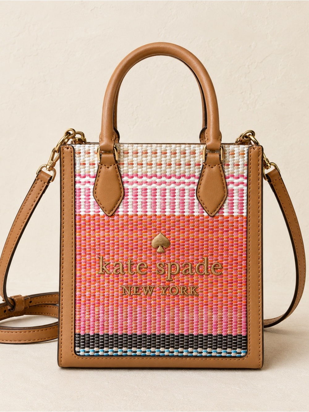 $359 Retail kate spade Pink Orange Tan Woven Mini Tote